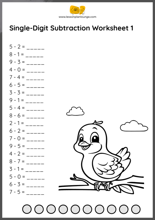 FREE WORKSHEETS - Mathematics - Single Digits Subtraction - Primary Education