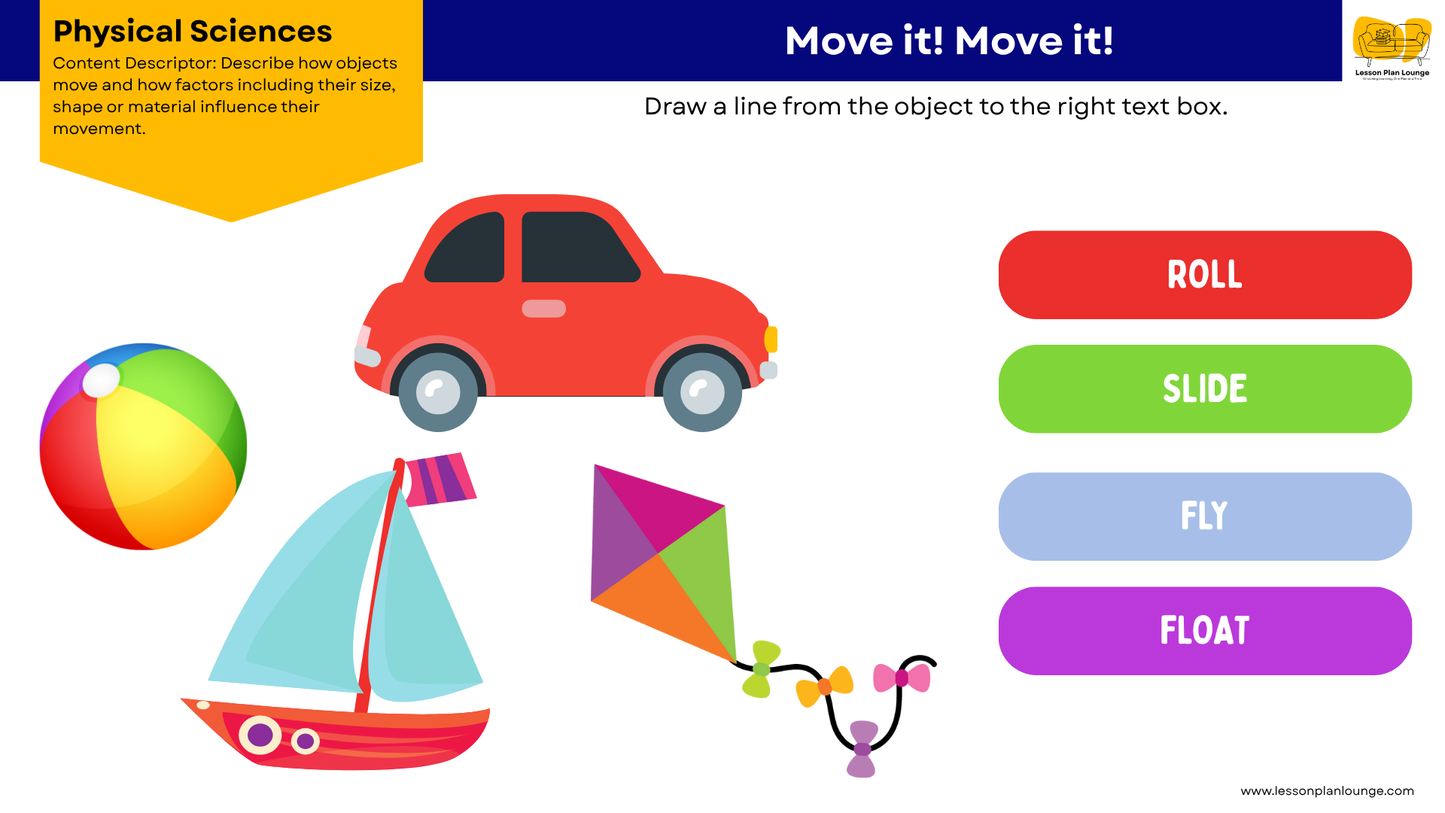 FREE Worksheets - Physical Sciences - How Objects Move and how Size and Shape impacts this - Education - Kindergarten