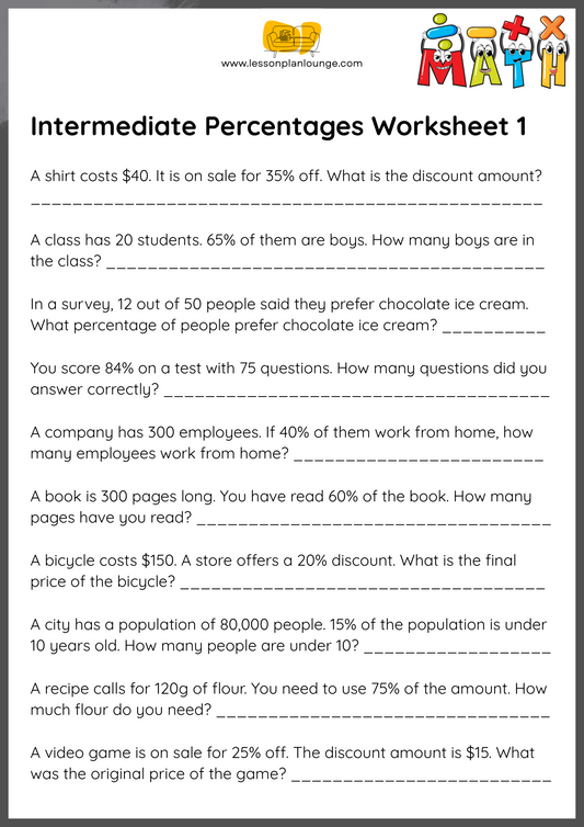 FREE Worksheets - Mathematics - Intermediate Percentages - Primary/ High School