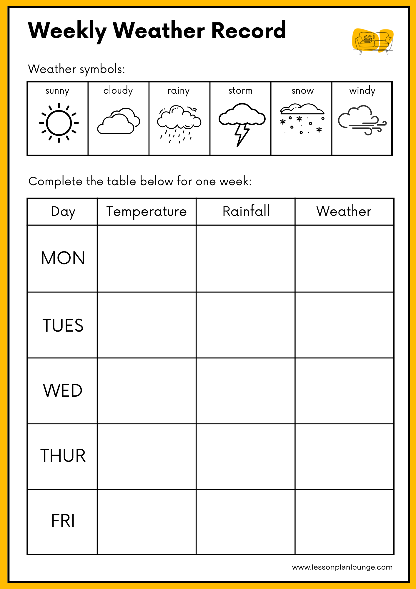 FREE Worksheet - Daily Weather Tracker (Yellow) - What is the Weather today - Science - Kindergarten to Year 2