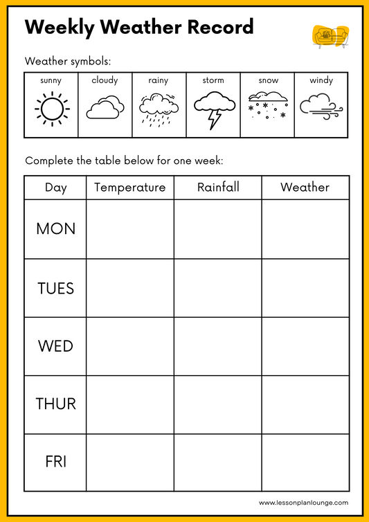 FREE Worksheet - Daily Weather Tracker (Yellow) - What is the Weather today - Science - Kindergarten to Year 2