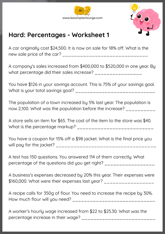 FREE Worksheets - Mathematics - Hard Percentages - Primary/ High School