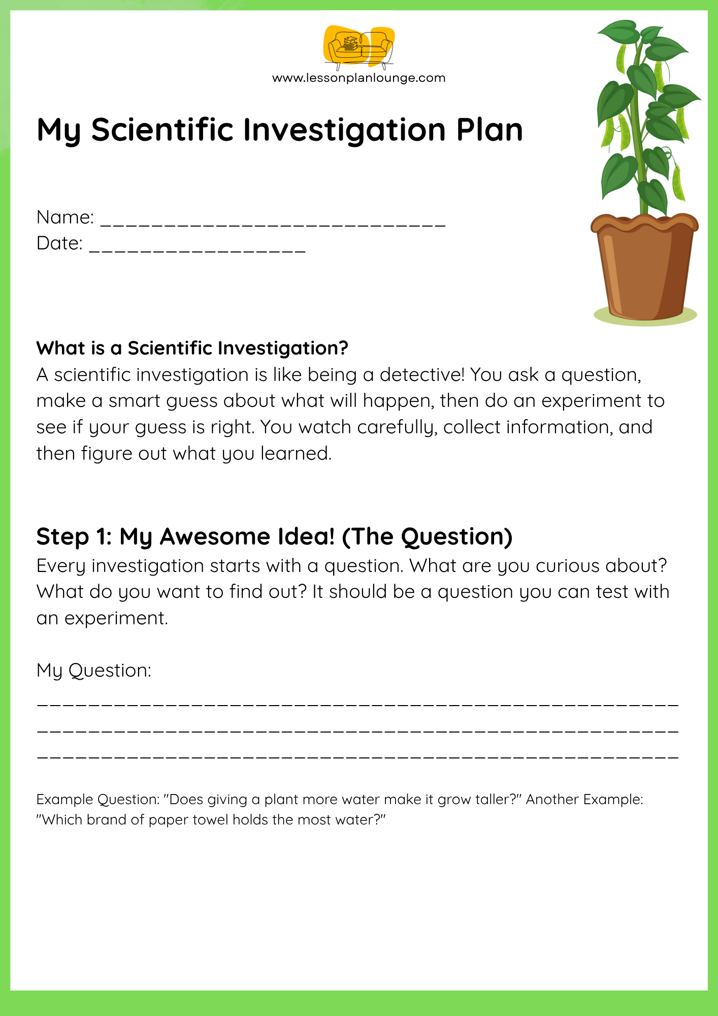 FREE Worksheet - My Scientific Investigation Plan (Plant growth) - Education - Biological Sciences (Year 4 - Year 8)