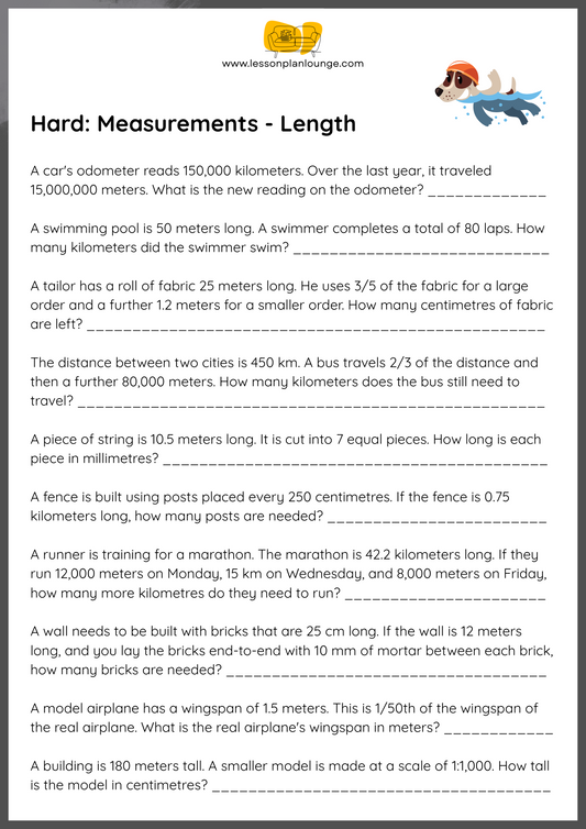 FREE Worksheets - Mathematics - Measurements (Hard) - Primary/ High School Education