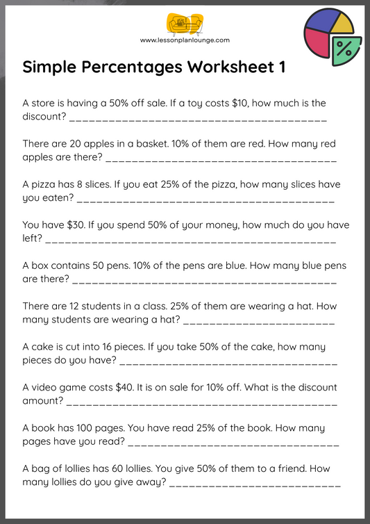 FREE Worksheets - Mathematics - Simple Percentages - Primary Education