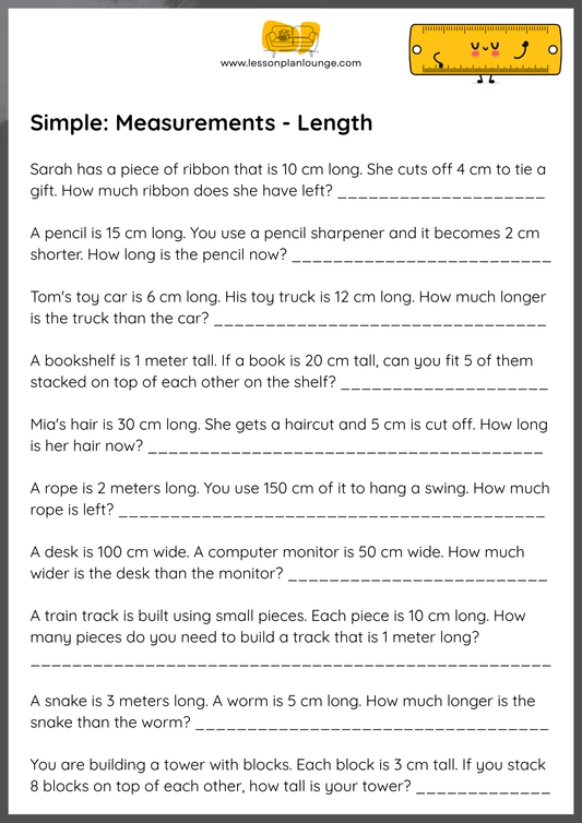 FREE Worksheets - Mathematics - Simple Measurements - Primary School