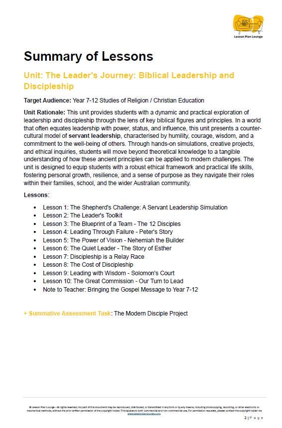 Studies of Religion - Biblical Leadership & Discipleship: 10 Lesson Plans + 1 Summative Assessment Task + FREE Student WORKBOOK (Yr 7-12)