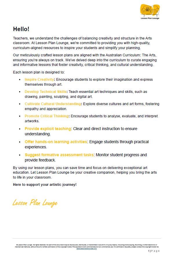 Visual Arts - The Arts: 10 Lesson Plans (covering 20-30 lessons) + 1 Summative Assessment (Year 6)