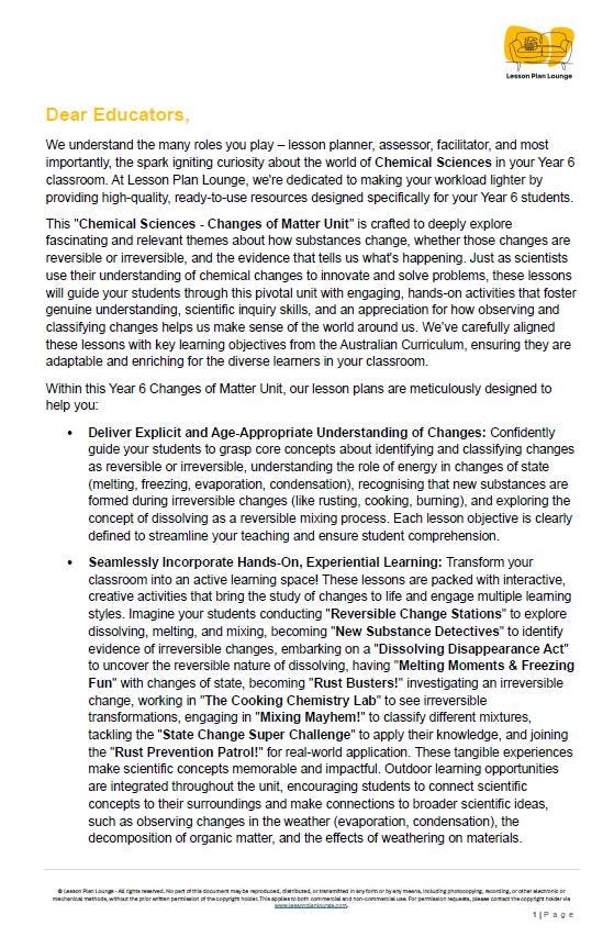 Science - Chemical Sciences: 10 Lesson Plans, covering up to 20 lessons + 1 Summative Assessment and FREE Student Workbook (Year 6)