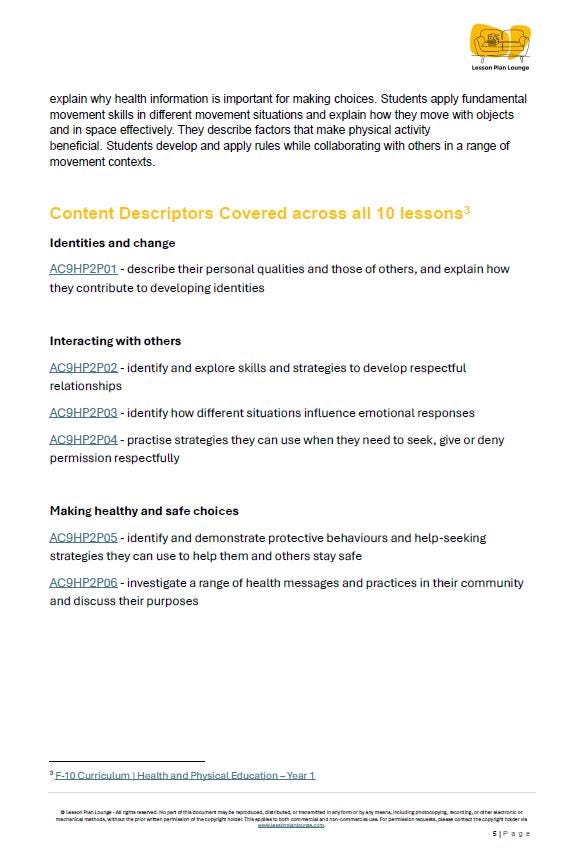 HPE (Health and Physical Education) - Unit 1: Lesson Plans (10 lessons) + 1 Summative Assessment + FREE Student Worksheets (Year 1-2)