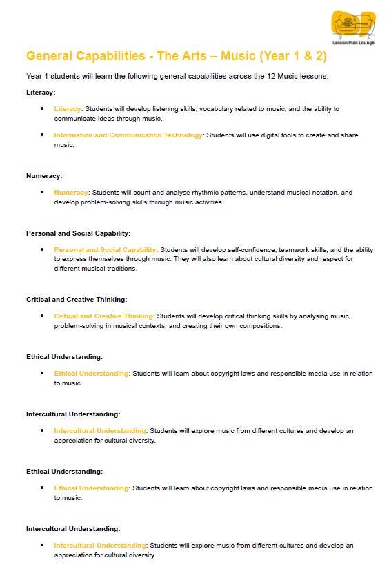 The Arts - MUSIC: 12 Lesson Plans + 1 Summative Assessment (Year 1)