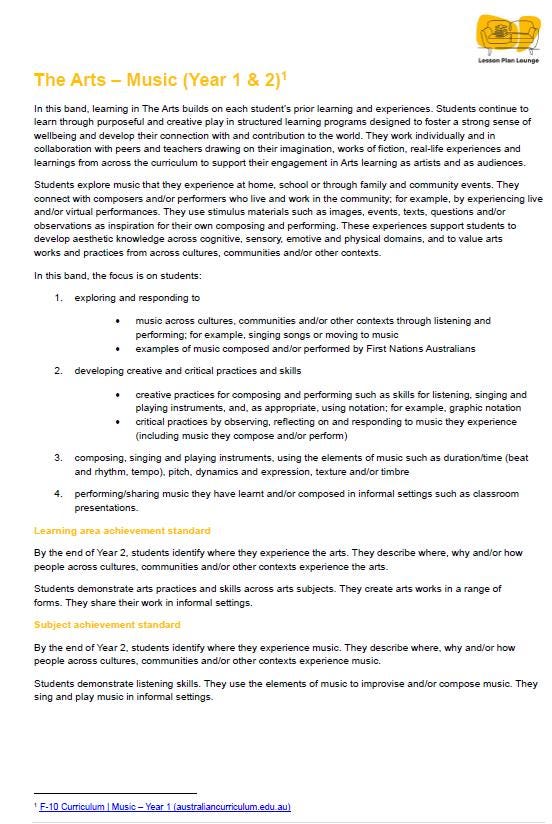 The Arts - MUSIC: 12 Lesson Plans + 1 Summative Assessment (Year 1)