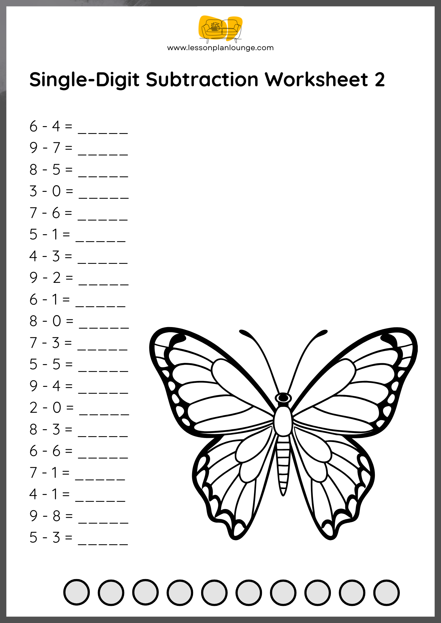 FREE WORKSHEETS - Mathematics - Single Digits Subtraction - Primary Education