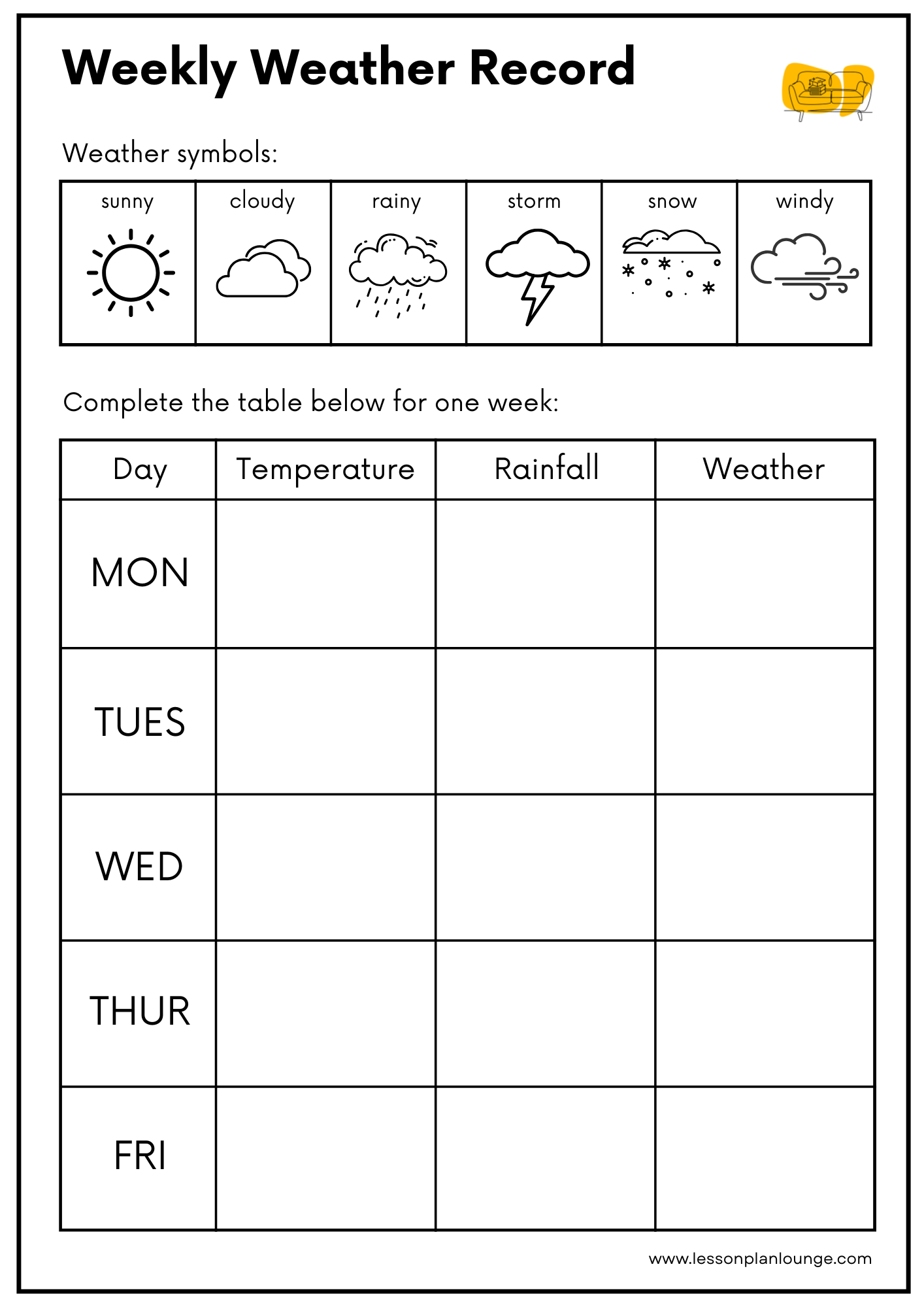 FREE Worksheet - Daily Weather Tracker (Black and White) - What is the Weather today - Science - Kindergarten to Year 2