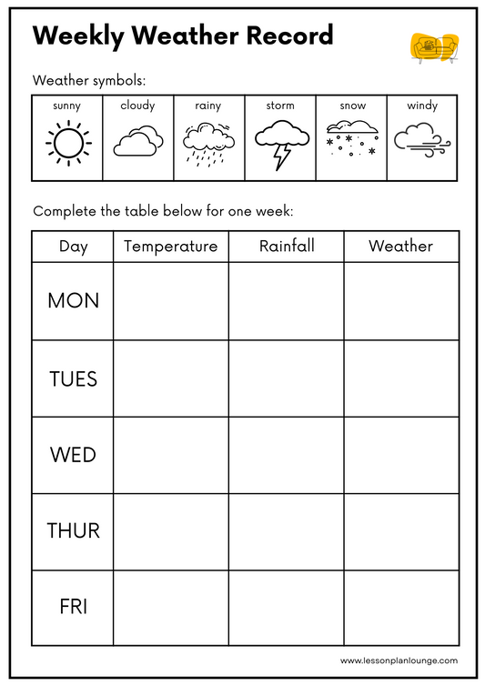 FREE Worksheet - Daily Weather Tracker (Black and White) - What is the Weather today - Science - Kindergarten to Year 2