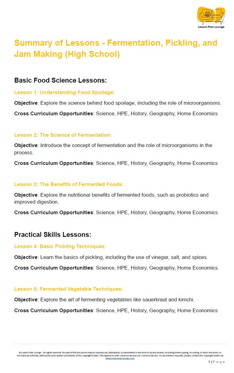 Fermentation, Pickling and Jam Making: 10 Lesson Plans + 1 Summative Assessment (High School)