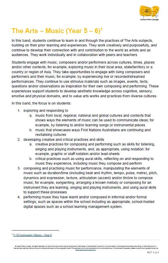 Music - The Arts: 10 Lesson Plans (covering 20-30 lessons) + 1 Summative Assessment (Year 5)