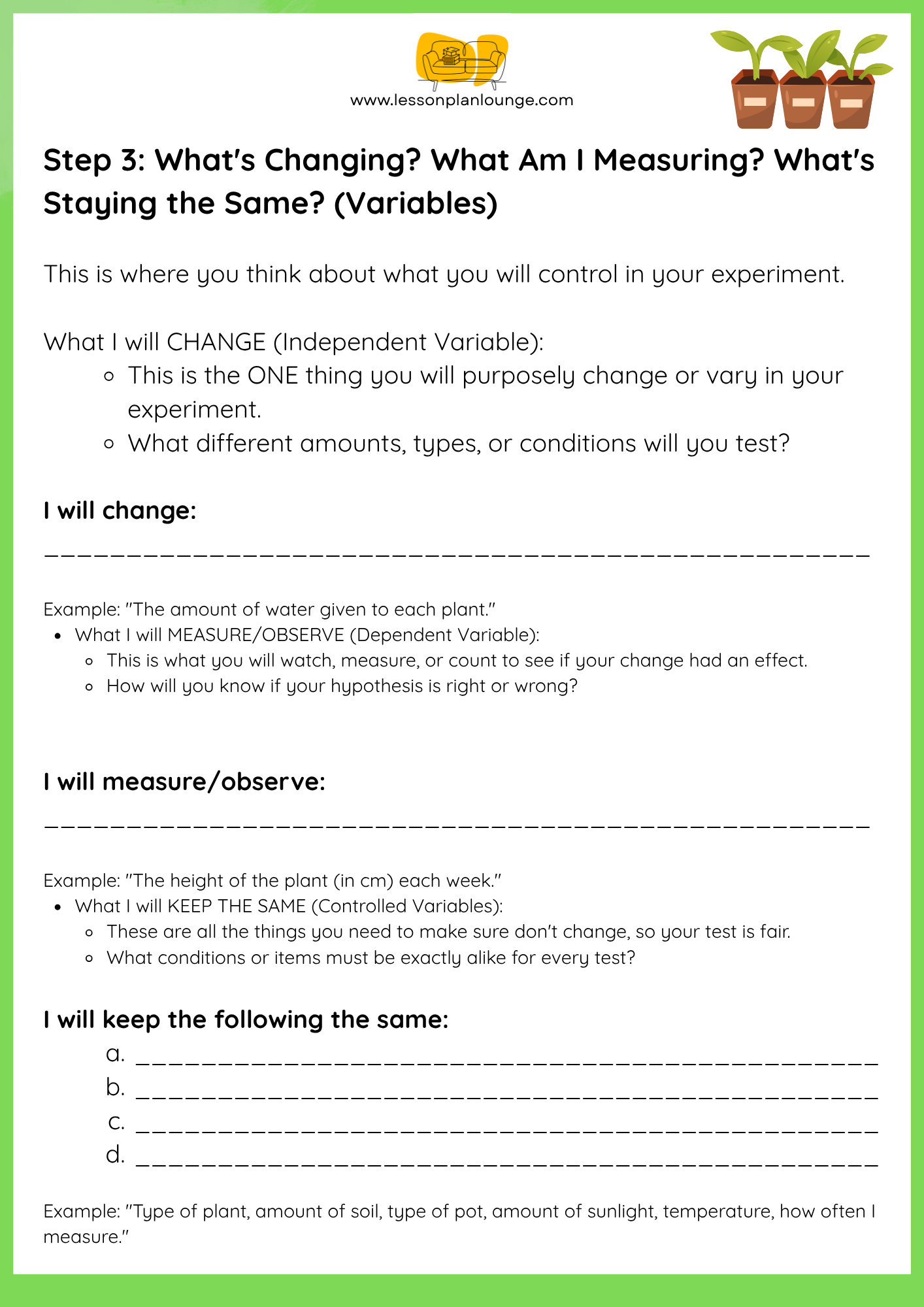 FREE Worksheet - My Scientific Investigation Plan (Plant growth) - Education - Biological Sciences (Year 4 - Year 8)