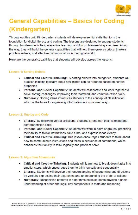 Basics for CODING: 5 Lesson Plans + 1 Summative Assessment Task (Kindergarten)