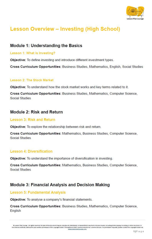 Investing Insights - 10 Lesson Plans + 1 Summative Assessment + Worksheet suggestions (High School)