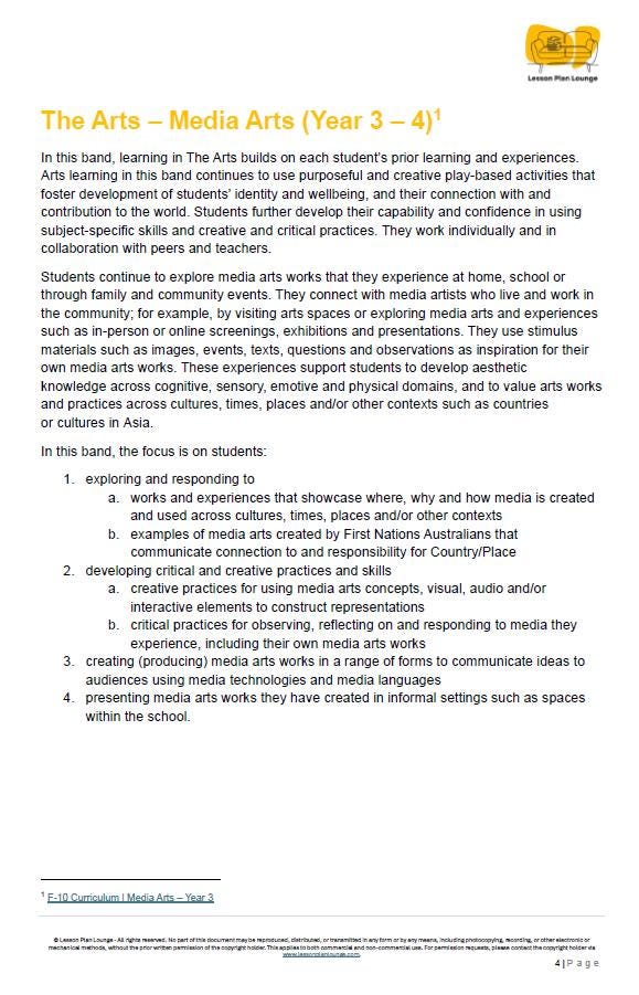 Media Arts - The Arts: 10 Lesson Plans + 1 Summative Assessment Task (Year 3)