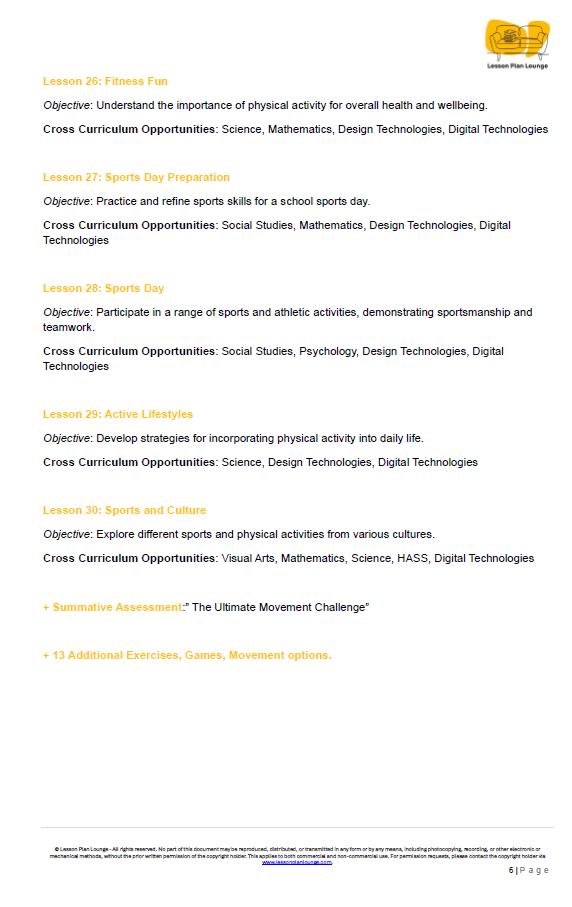 HPE (Movement and Physical Education): 30 Lesson Plans + 1 Summative Assessment and 13 Additional Exercises, Games, Movement options