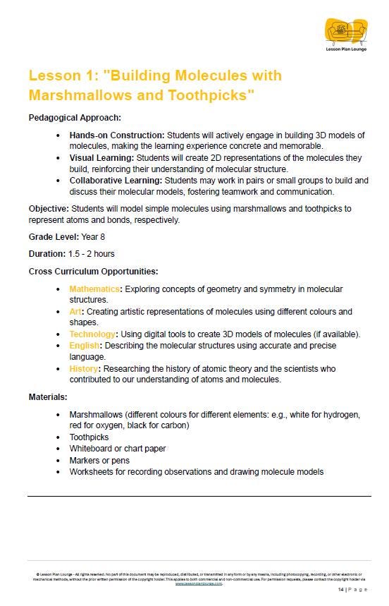 Science - Chemical Sciences: 10 Lesson Plans + 1 Summative Assessment Task + FREE Student WORKBOOK (Year 8)