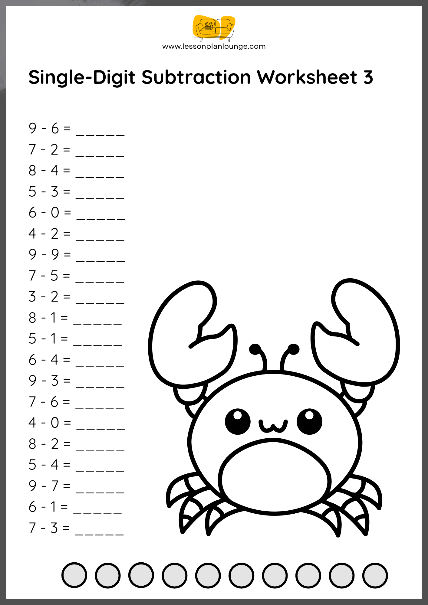 FREE WORKSHEETS - Mathematics - Single Digits Subtraction - Primary Education