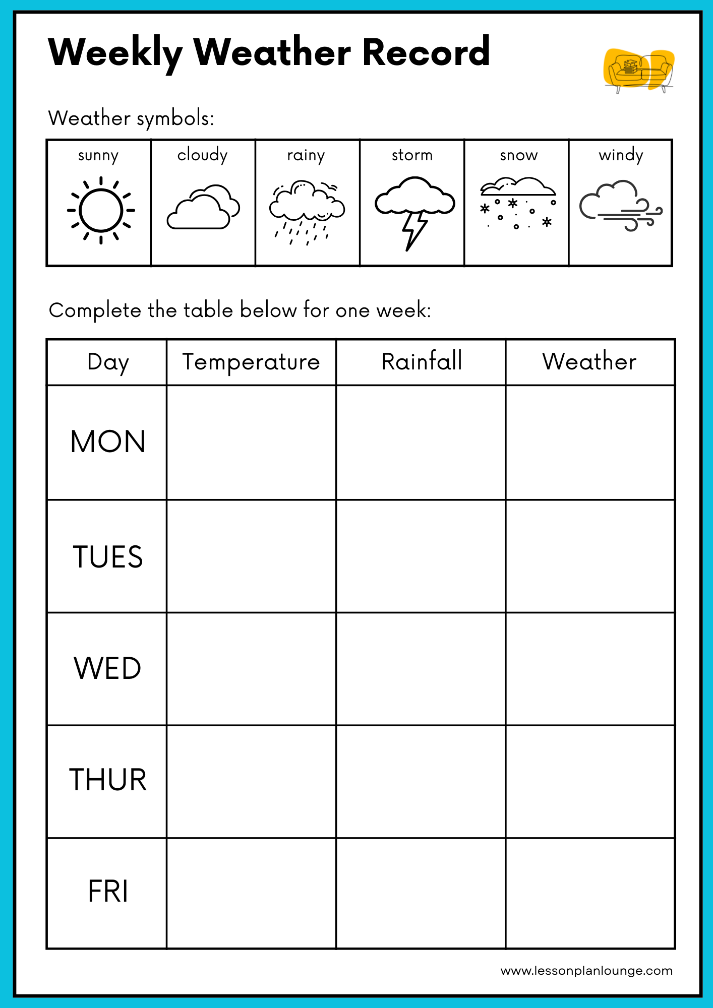 FREE Worksheet - Daily Weather Tracker (Blue) - What is the Weather today - Science - Kindergarten to Year 2