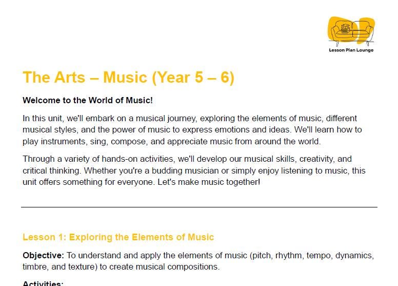 Music - The Arts: 10 Lesson Plans (covering 20-30 lessons) + 1 Summative Assessment (Year 5)