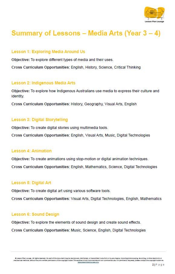 Media Arts - The Arts: 10 Lesson Plans + 1 Summative Assessment Task (Year 4)