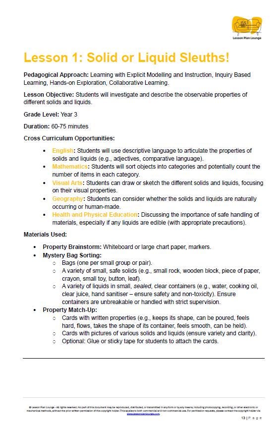 Science - Chemical Sciences: Lesson Plans (9 lessons) + 1 Summative Assessment + FREE Student Workbook (Year 3)