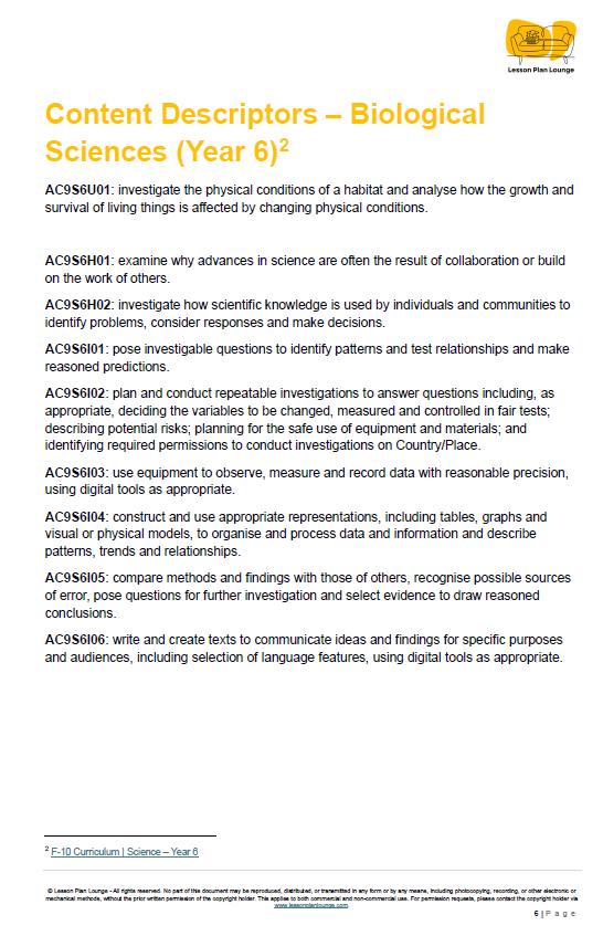 Science - Biological Sciences: 10 Lesson Plans, covering up to 20 lessons + 1 Summative Assessment and FREE Student Workbook (Year 6)