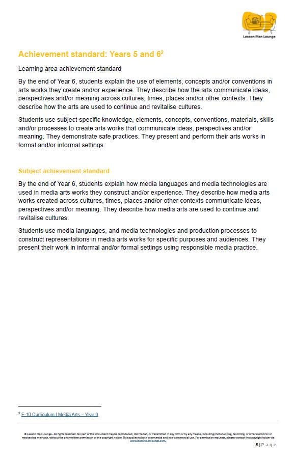 Media Arts - The Arts: 10 Lesson Plans + 1 Summative Assessment Task (Year 5)