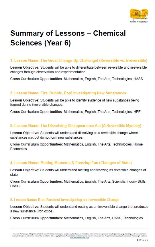 Science - Chemical Sciences: 10 Lesson Plans, covering up to 20 lessons + 1 Summative Assessment and FREE Student Workbook (Year 6)