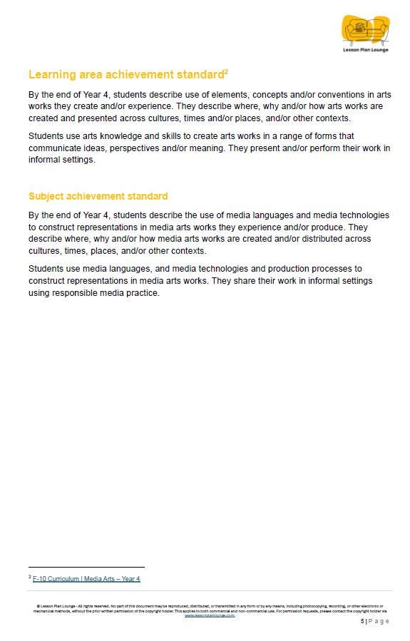 Media Arts - The Arts: 10 Lesson Plans + 1 Summative Assessment Task (Year 4)