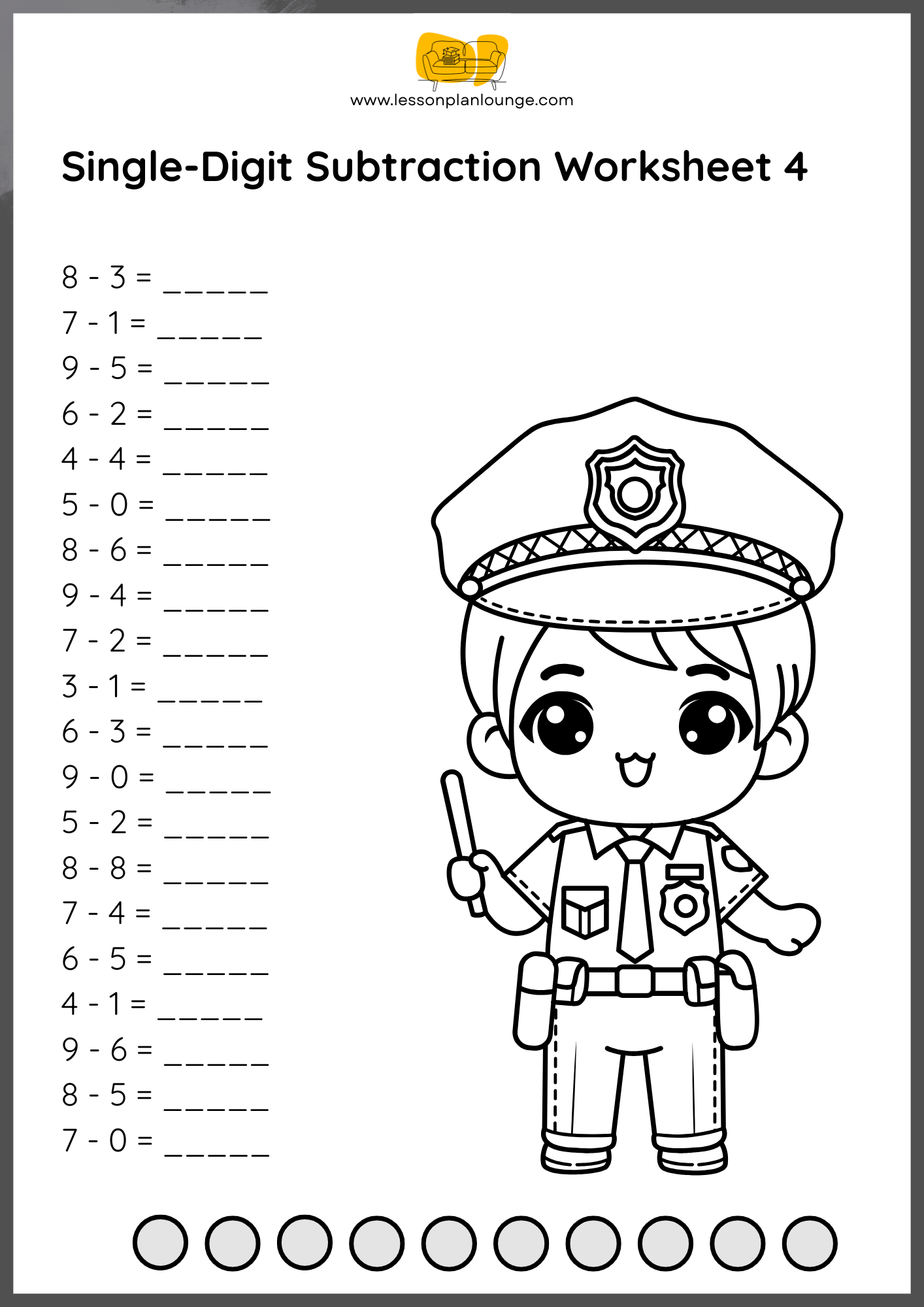 FREE WORKSHEETS - Mathematics - Single Digits Subtraction - Primary Education