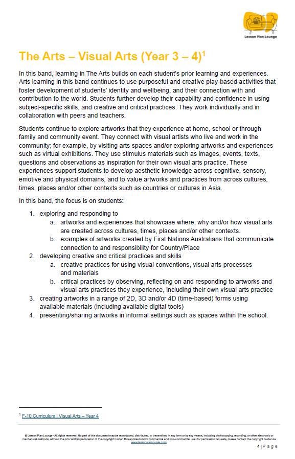 Visual Arts - The Arts: 10 Lesson Plans + 1 Summative Assessment + 25 Extra Visual Arts Ideas (Year 4)