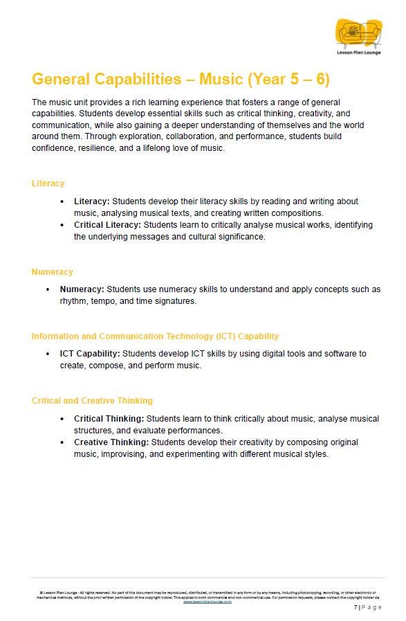 Music - The Arts: 10 Lesson Plans (covering 20-30 lessons) + 1 Summative Assessment (Year 5)