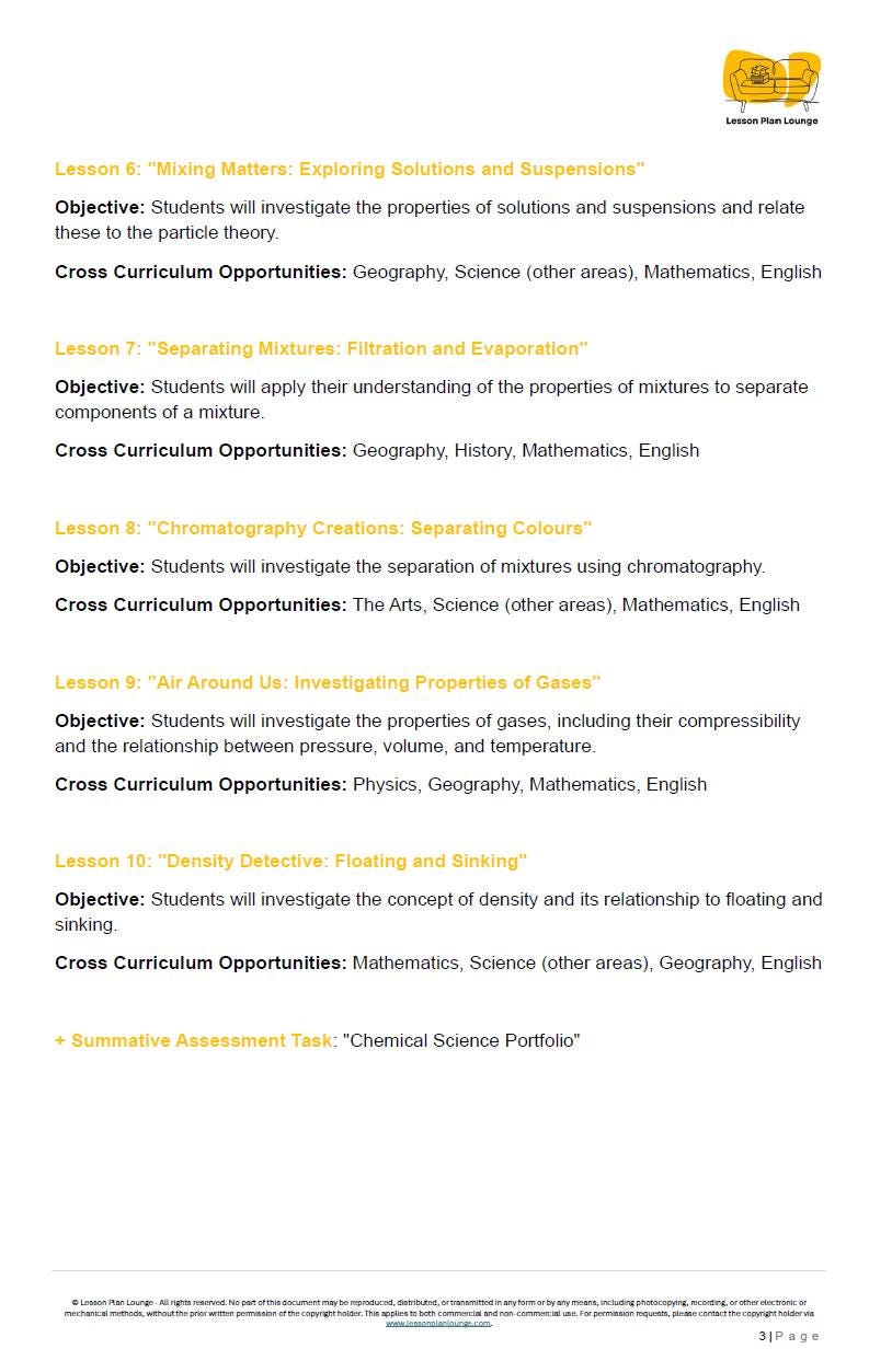 Science - Chemical Sciences: 10 Lesson Plans + 1 Summative Assessment Task + FREE Student WORKBOOK (Year 7)