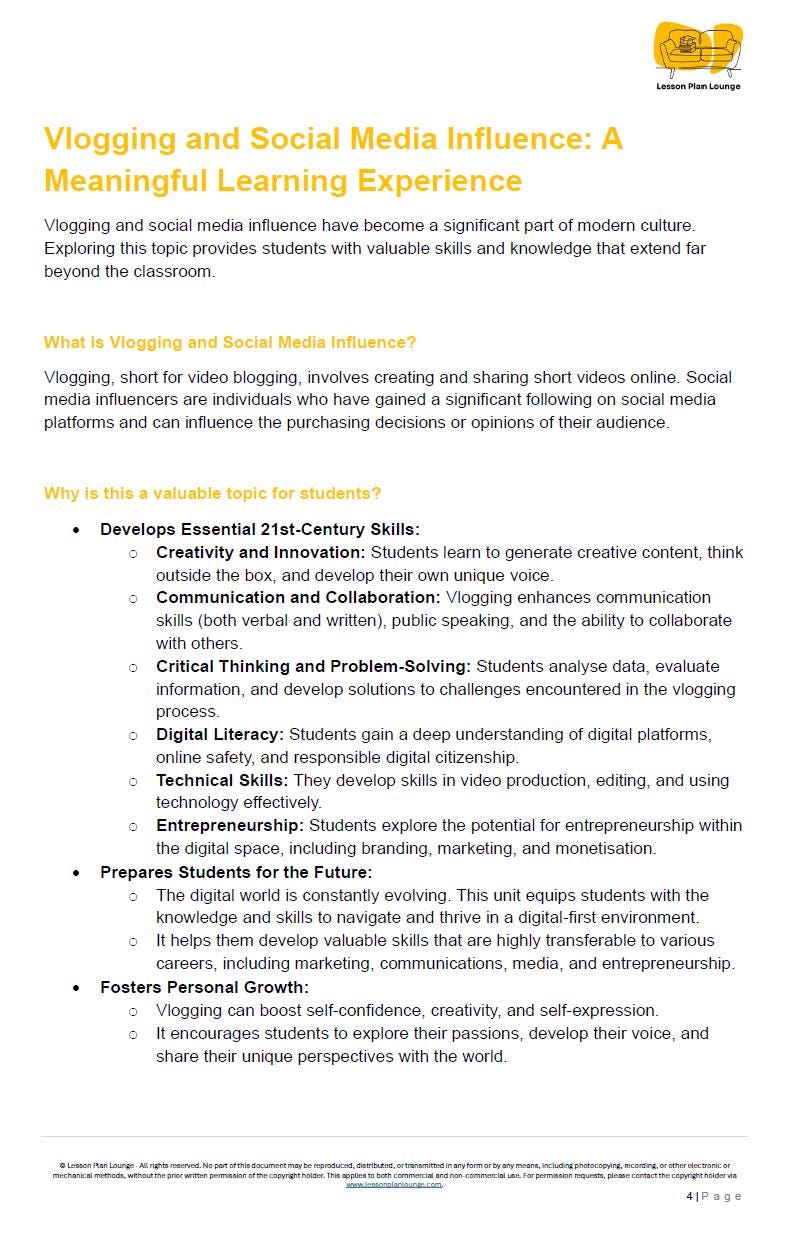 Vlogging and Social Media Influence: 10 Lesson Plans + 1 Summative Assessment + Worksheet Suggestions (High School)