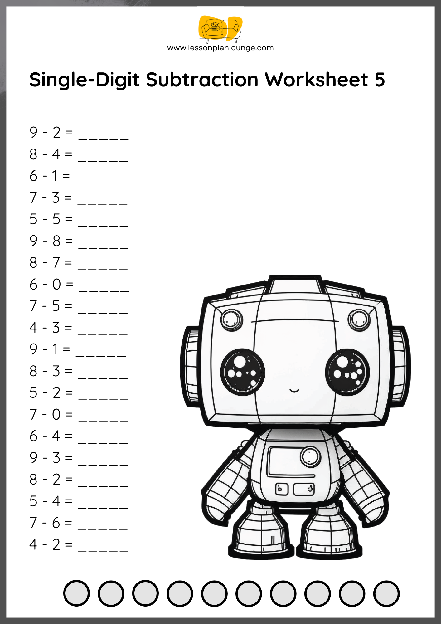 FREE WORKSHEETS - Mathematics - Single Digits Subtraction - Primary Education