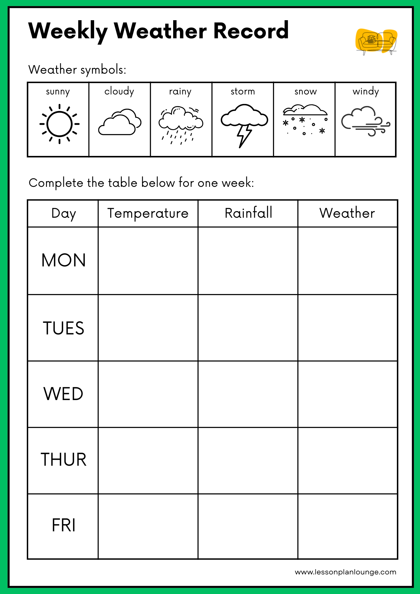 FREE Worksheet - Daily Weather Tracker (Green) - What is the Weather today - Science - Kindergarten to Year 2
