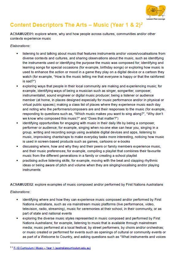 The Arts - MUSIC: 12 Lesson Plans + 1 Summative Assessment (Year 1)