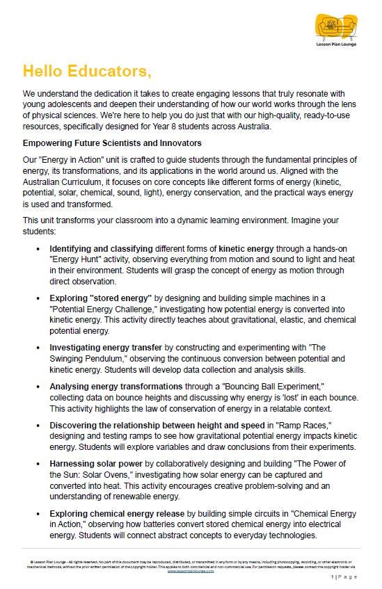 Science - Physical Sciences: 10 Lesson Plans + 1 Summative Assessment Task + FREE Student WORKBOOK (Year 8)