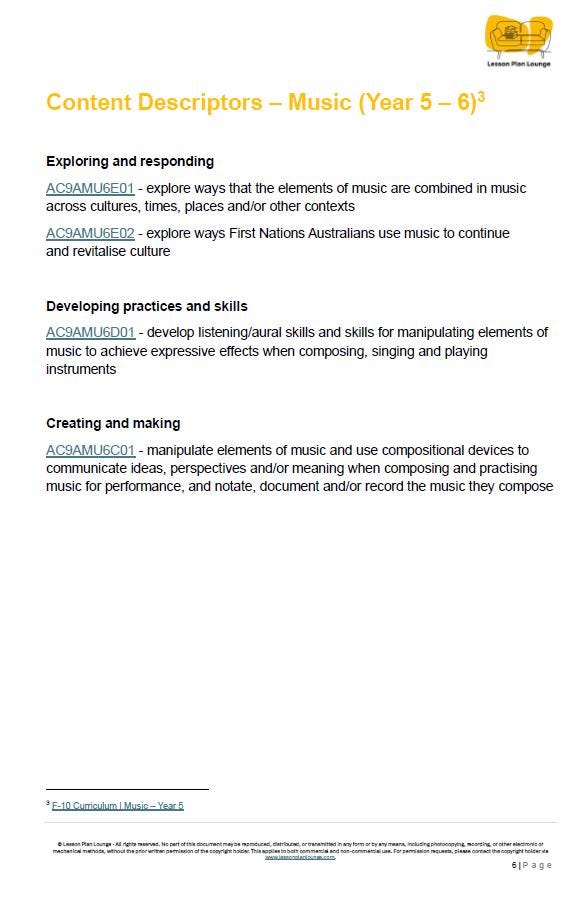 Music - The Arts: 10 Lesson Plans (covering 20-30 lessons) + 1 Summative Assessment (Year 5)
