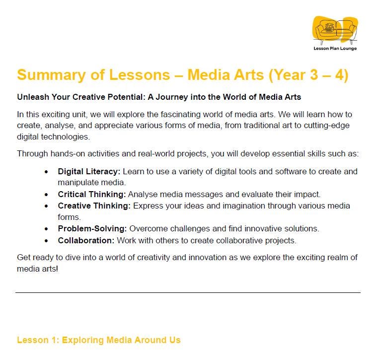 Media Arts - The Arts: 10 Lesson Plans + 1 Summative Assessment Task (Year 4)