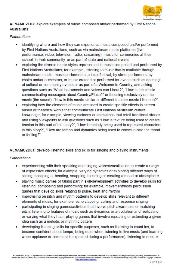 The Arts - MUSIC: 12 Lesson Plans + 1 Summative Assessment (Year 2)