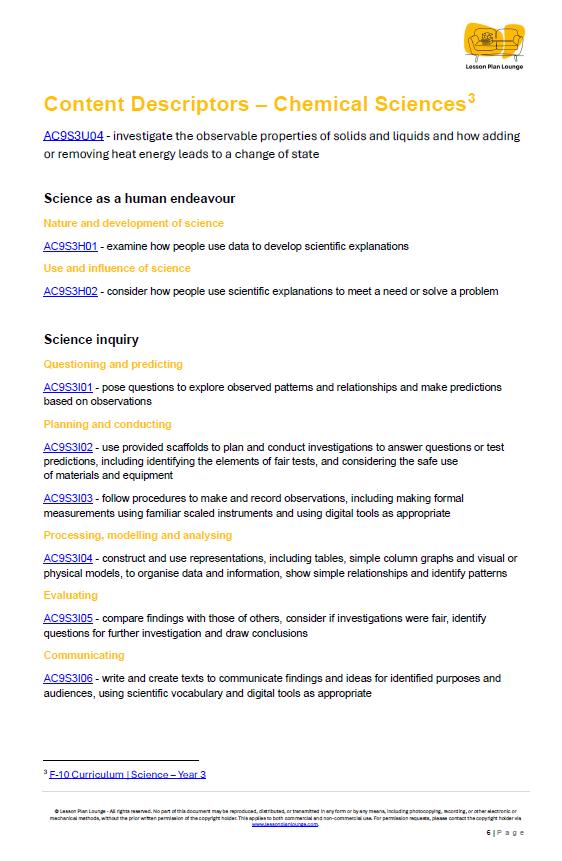 Science - Chemical Sciences: Lesson Plans (9 lessons) + 1 Summative Assessment + FREE Student Workbook (Year 3)