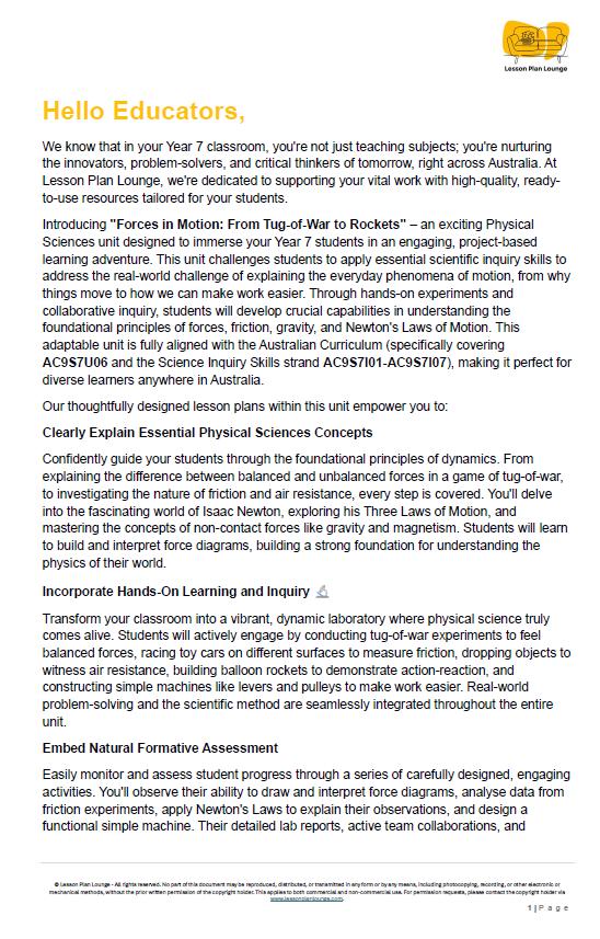 Science - Physical Sciences: 10 Lesson Plans + 1 Summative Assessment Task + FREE Student WORKBOOK (Year 7)